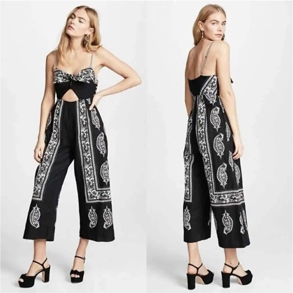 Free People Black Feel The Sun Cutout Sleeveless Linen Cropped Jumpsuit Size 6